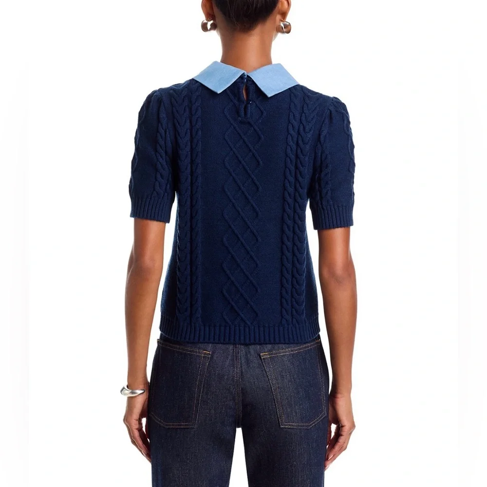 Aqua Navy Cable Knit Short Sleeve Twofer Top - Exclusive M NWT - Picture 3 of 4